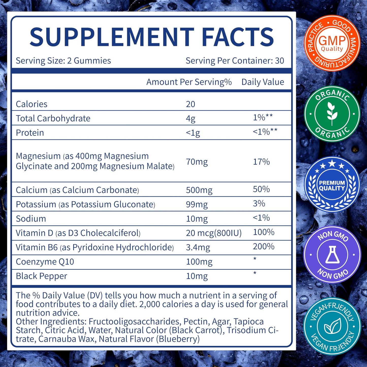 Magnesium Glycinate Gummies 400mg – Sugar Free, Vegan, Blueberry | 60 Gummies