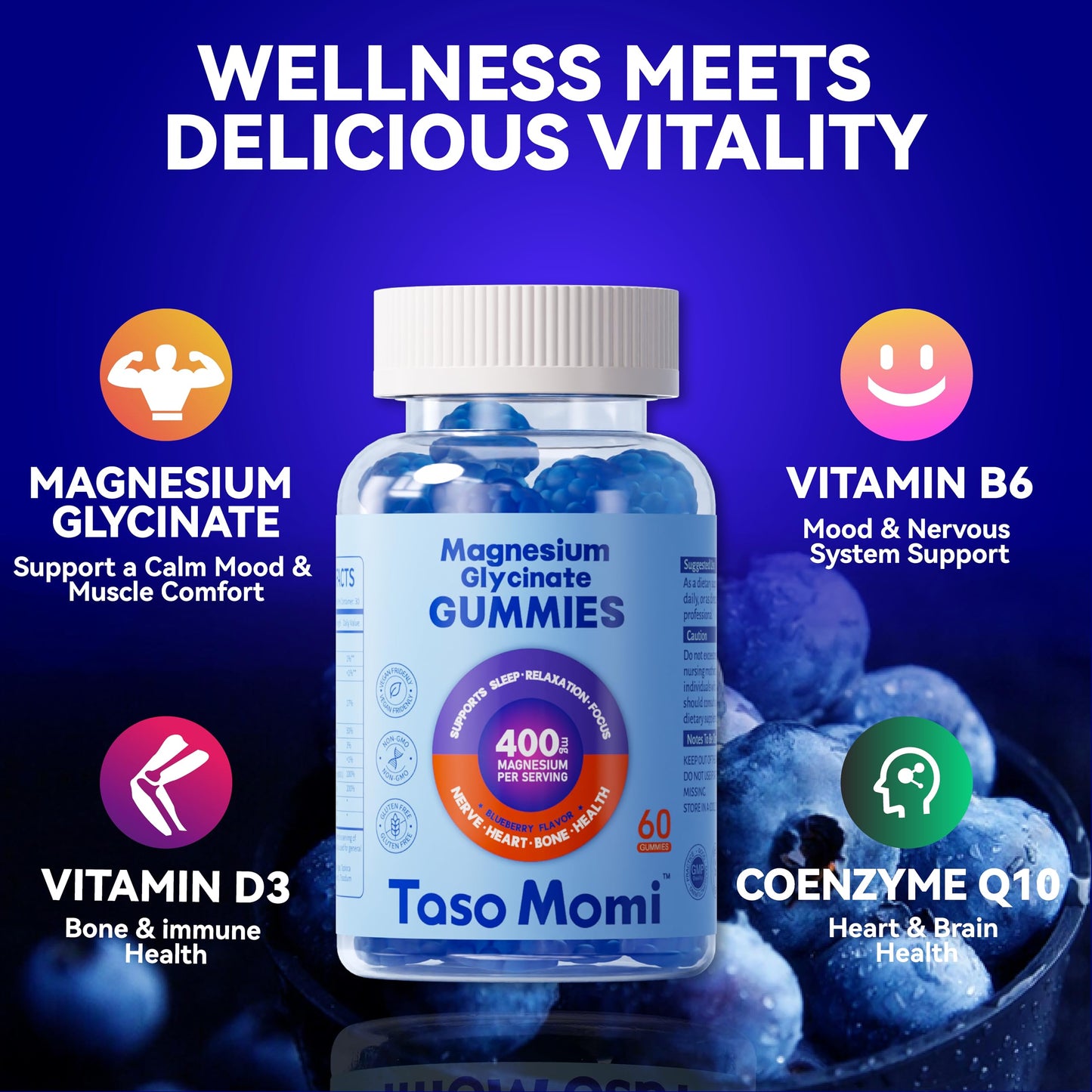 Magnesium Glycinate Gummies 400mg – Sugar Free, Vegan, Blueberry | 60 Gummies