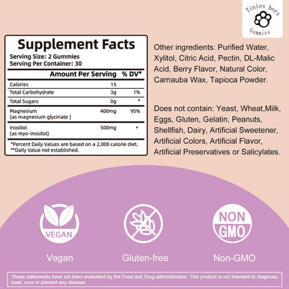 Magnesium Glycinate Gummies 400mg + Inositol 500mg for Women – Sleep & Stress Support, Sugar Free, Gluten Free, Vegan | 60 Gummies