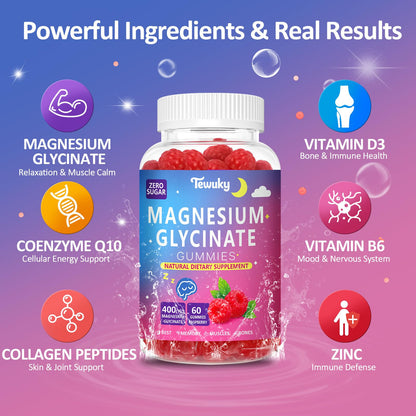 Magnesium Glycinate Gummies 400mg – Sugar Free Vegan (60 Raspberry Chewables) | Sleep, Muscle & Memory Support