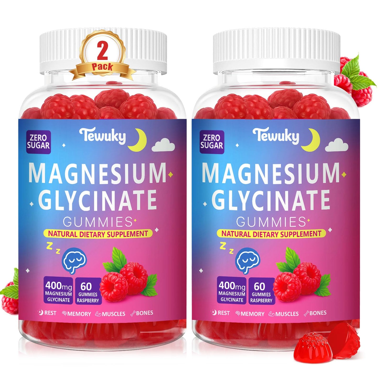 Magnesium Glycinate Gummies 400mg – Sugar Free Vegan (60 Raspberry Chewables) – 2 Pack