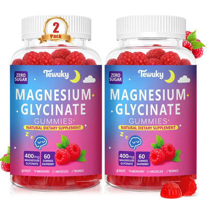 Magnesium Glycinate Gummies 400mg – Sugar Free Vegan (60 Raspberry Chewables) – 2 Pack