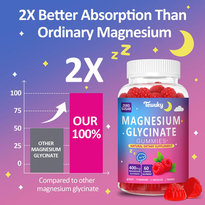 Magnesium Glycinate Gummies 400mg – Sugar Free Vegan (60 Raspberry Chewables) – 2 Pack