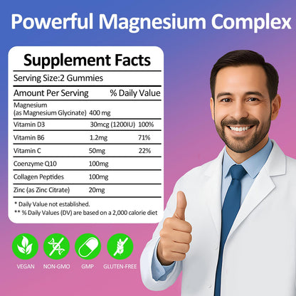 Magnesium Glycinate Gummies 400mg – Sugar Free Vegan (60 Raspberry Chewables) – 2 Pack