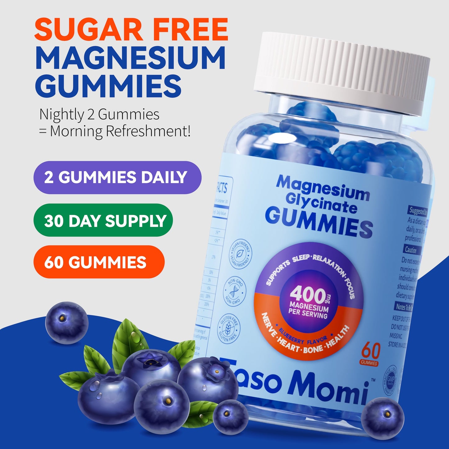 Magnesium Glycinate Gummies 400mg – Sugar Free, Vegan, Blueberry | 60 Gummies