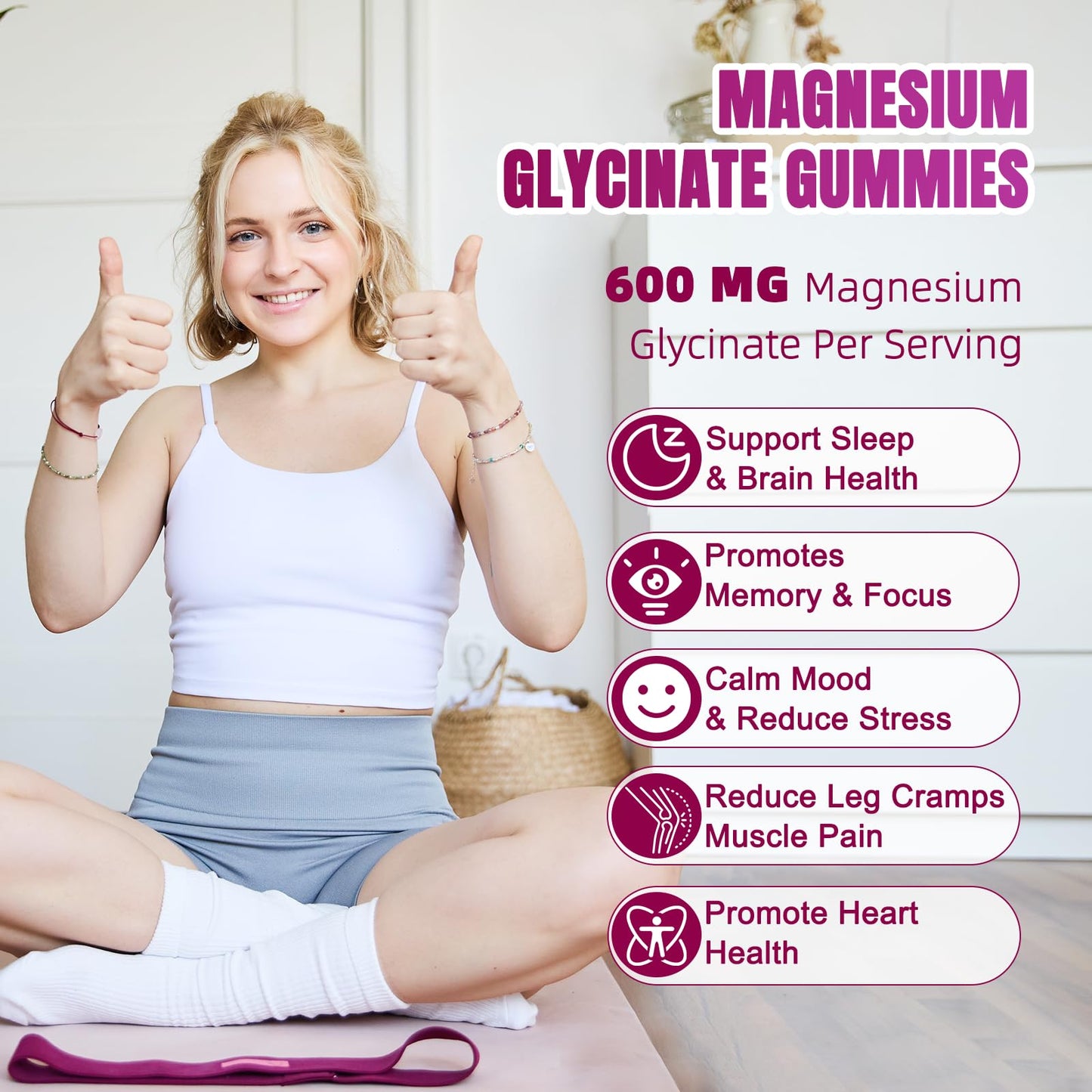 Magnesium Glycinate Gummies 600mg – High Absorption Magnesium for Women, Men & Kids, Sugar Free 60 Count