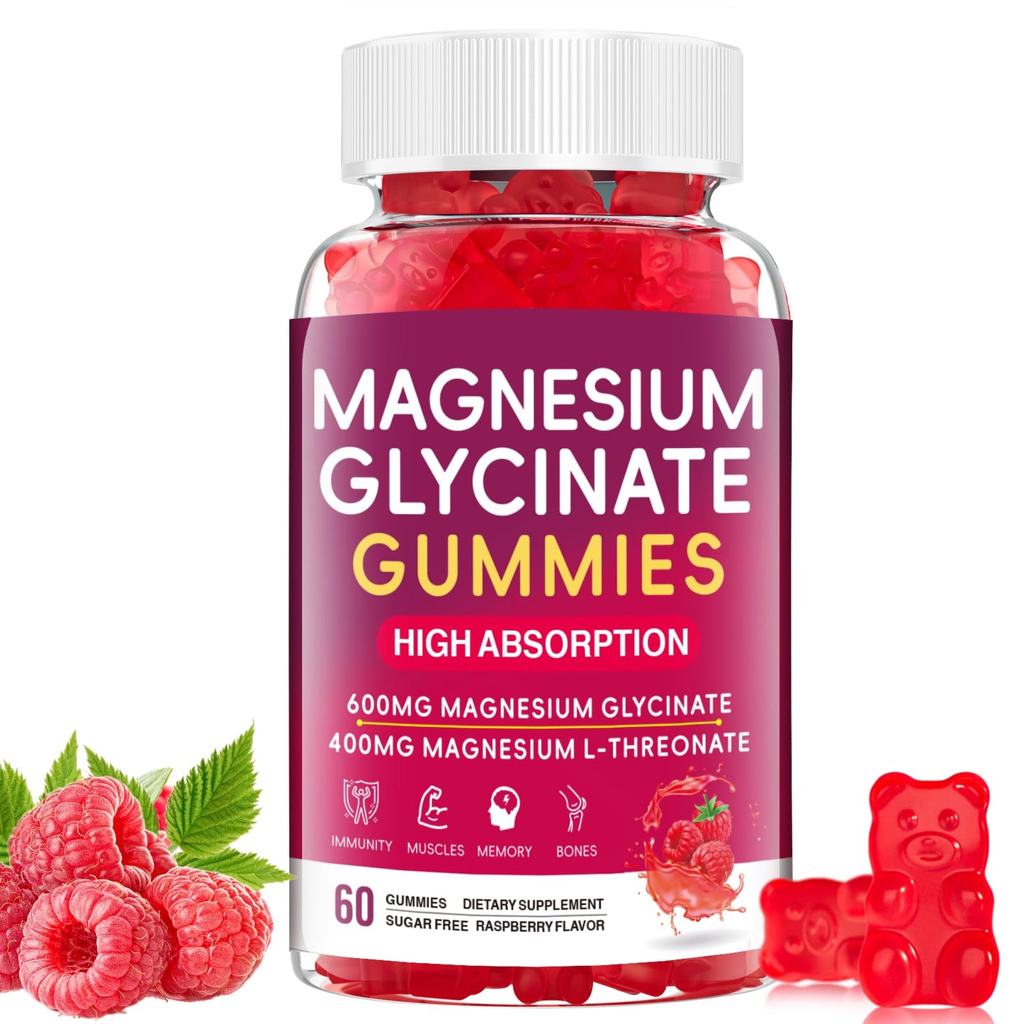 Magnesium Glycinate Gummies 600mg – High Absorption Magnesium for Women, Men & Kids, Sugar Free 60 Count