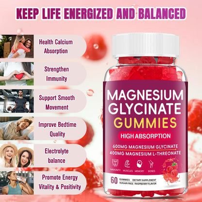 Magnesium Glycinate Gummies 600mg – High Absorption Magnesium for Women, Men & Kids, Sugar Free 60 Count
