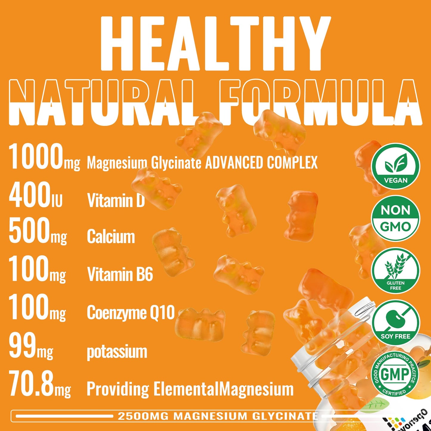 Magnesium Glycinate Gummies - Sugar Free Magnesium Potassium with Vitamin D, B6, CoQ10 for Calm Mood & Sleep Support - 90 Orange Gummies