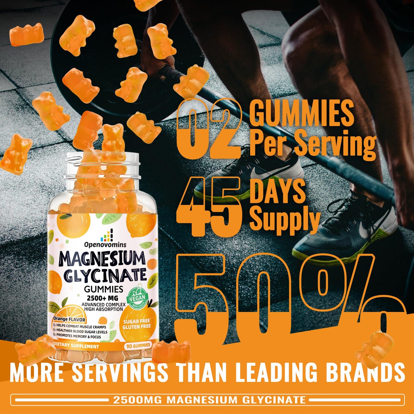 Magnesium Glycinate Gummies - Sugar Free Magnesium Potassium with Vitamin D, B6, CoQ10 for Calm Mood & Sleep Support - 90 Orange Gummies