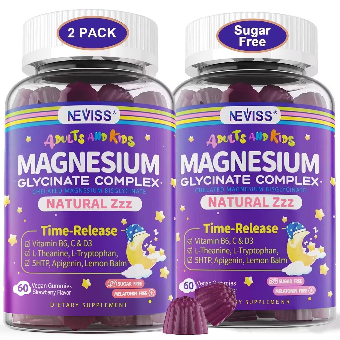 Magnesium Glycinate Gummies 2-Pack – Sugar Free, 400/200mg with B6/D3, 5-HTP & L-Theanine