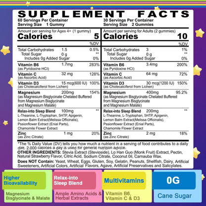 Magnesium Glycinate Gummies 2-Pack – Sugar Free, 400/200mg with B6/D3, 5-HTP & L-Theanine