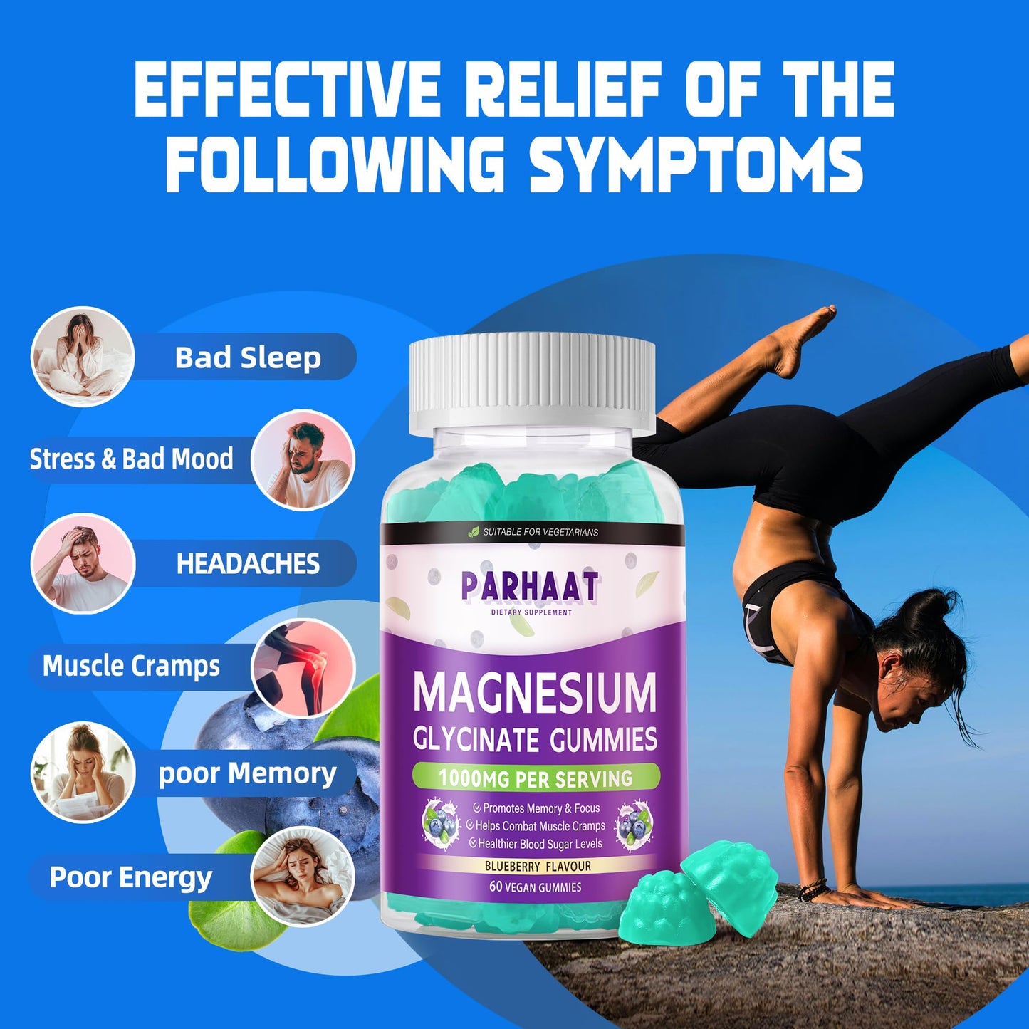 Magnesium Glycinate Gummies – Sugar Free Blueberry with Vitamin D, B6, CoQ10 | 120 Chews