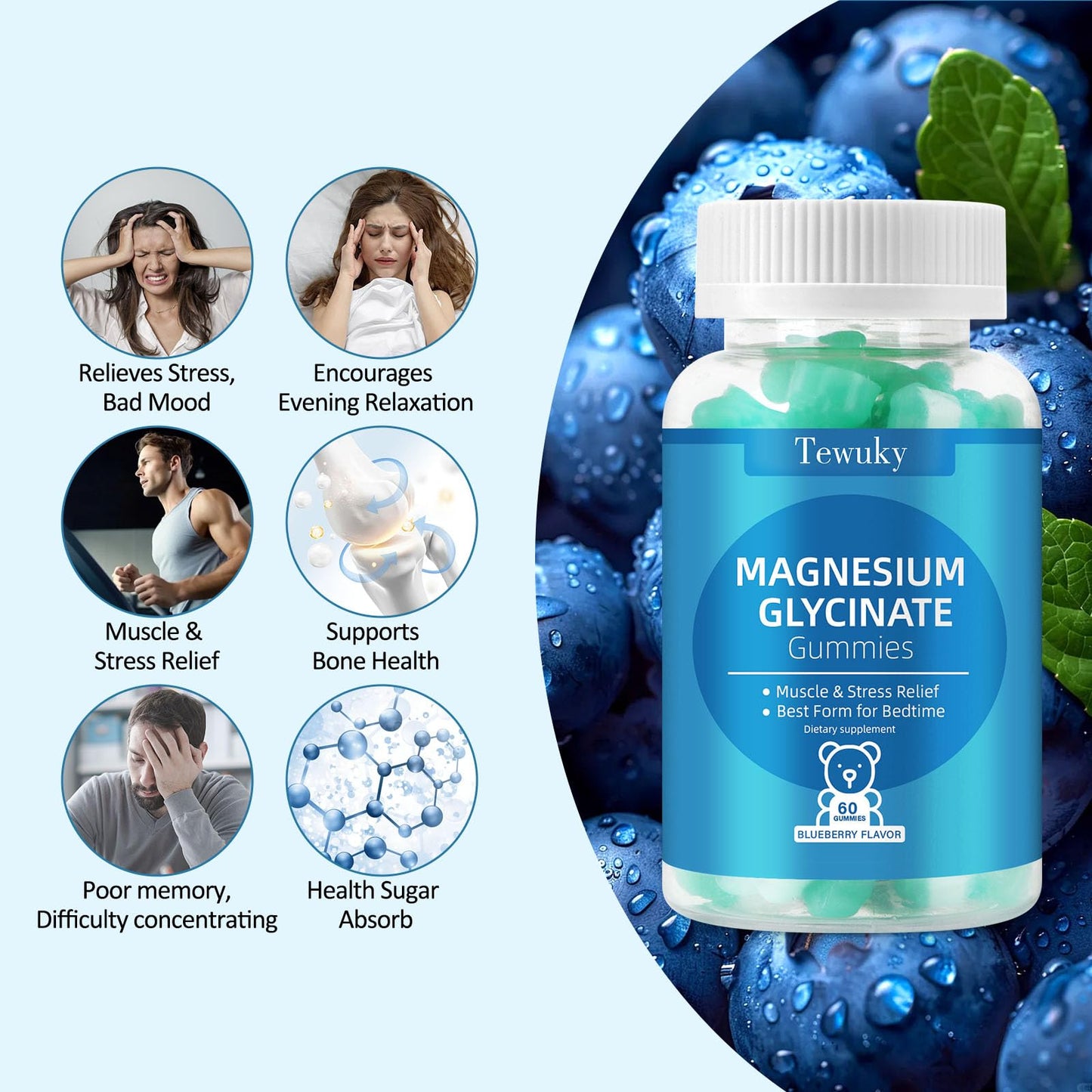 Magnesium Glycinate Gummies – Sugar-Free, Vegan Blueberry (2 Bottles) for Sleep, Stress & Muscle Support
