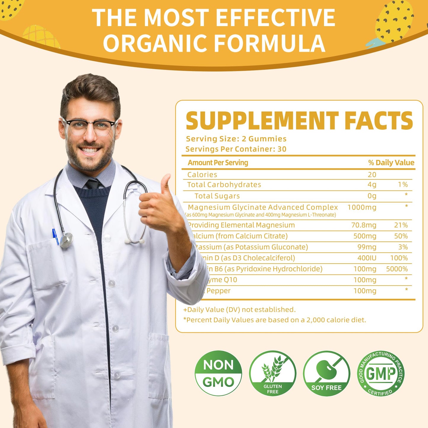 Magnesium Glycinate Gummies 1000mg – Sugar Free with Vitamin D, B6 & CoQ10 (60 Pineapple Gummies)