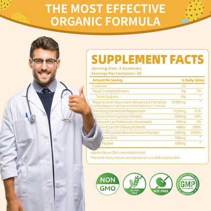 Magnesium Glycinate Gummies 1000mg – Sugar Free with Vitamin D, B6 & CoQ10 (60 Pineapple Gummies)
