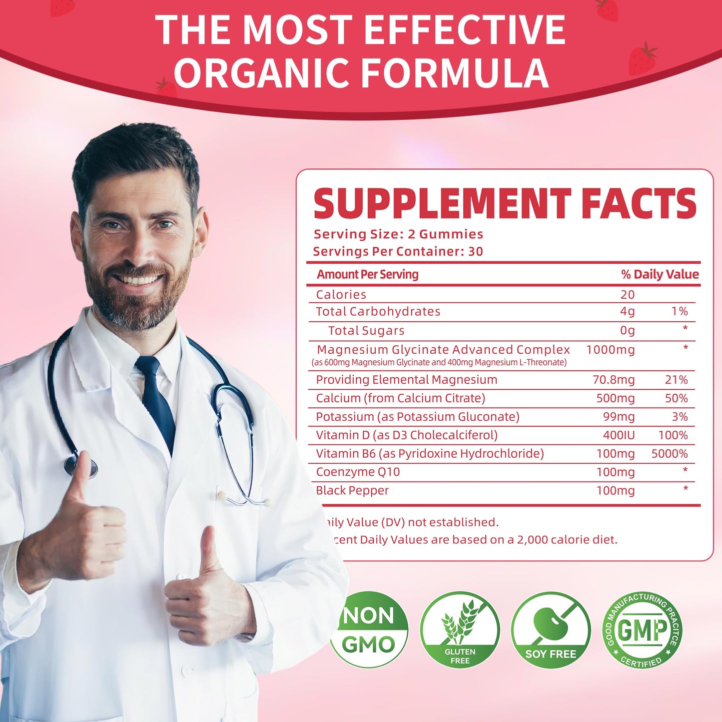 Magnesium Glycinate Gummies 1000mg - Sugar Free Calm Mood & Sleep Support (120 Strawberry Gummies) - 2 Pack