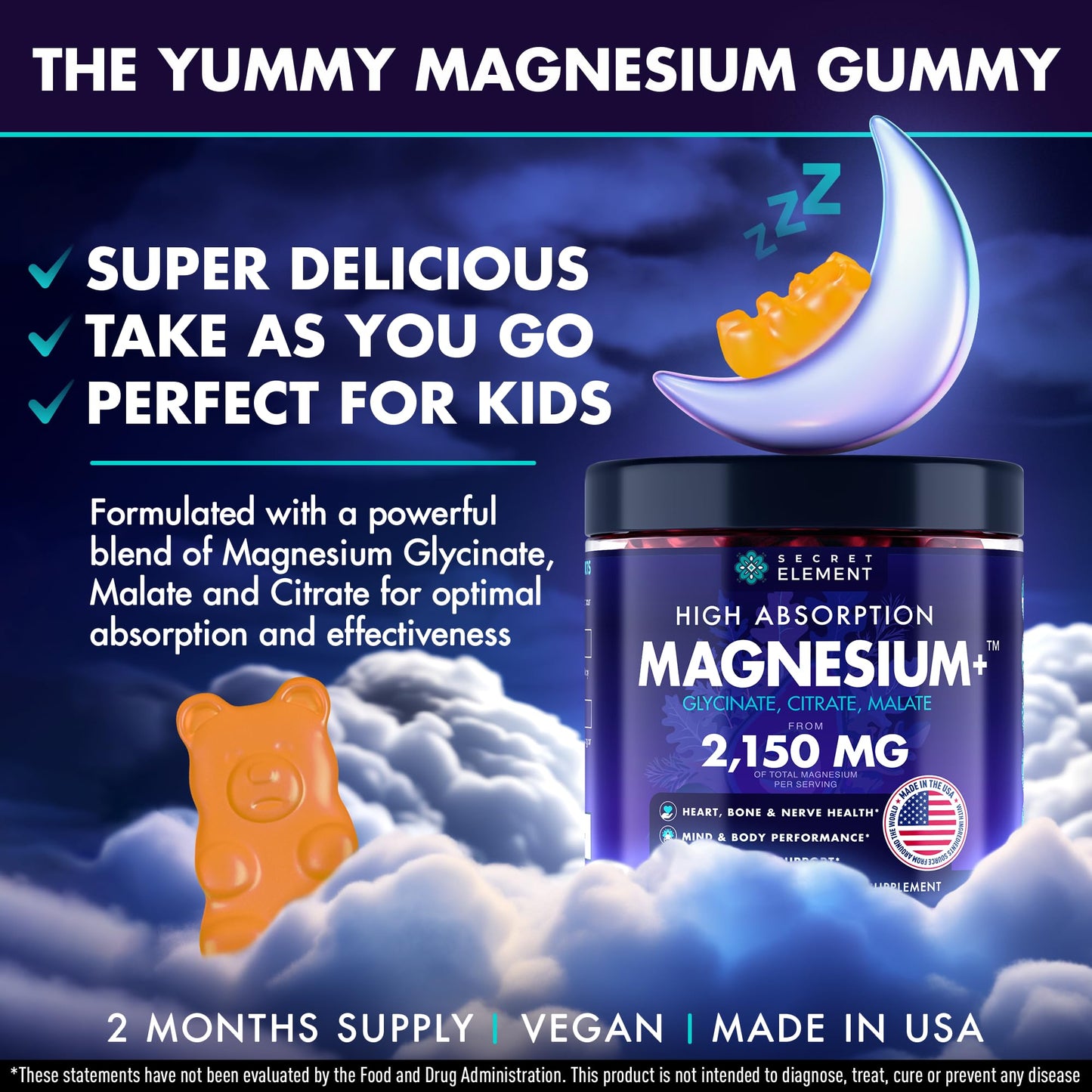 Magnesium Glycinate Gummies 2150MG – High Absorption, Sugar Free, Orange
