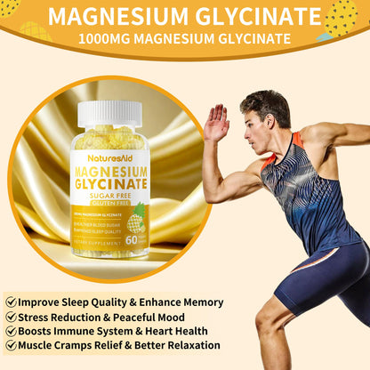 Magnesium Glycinate Gummies 1000mg – Sugar Free with Vitamin D, B6 & CoQ10 (60 Pineapple Gummies)