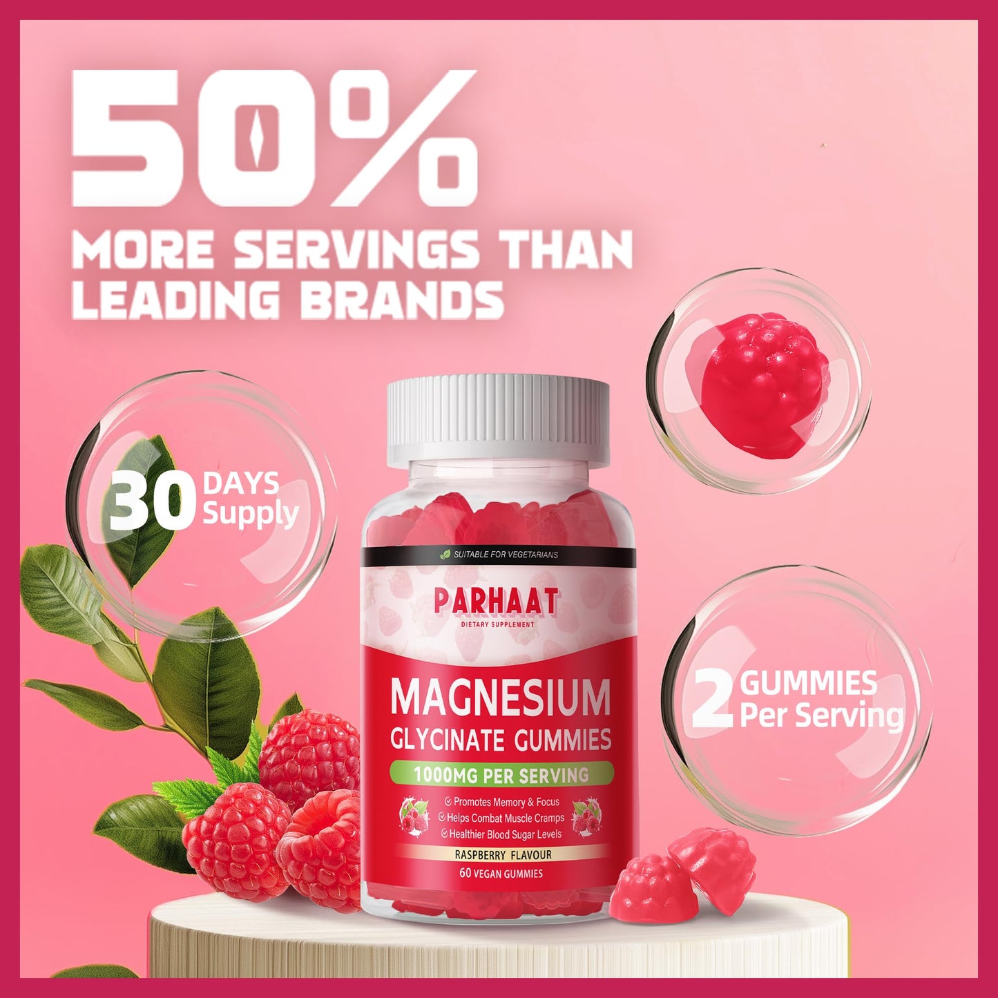 Magnesium Glycinate Gummies - Sugar Free Raspberry with Vitamin D, B6, CoQ10 - 120 Chews