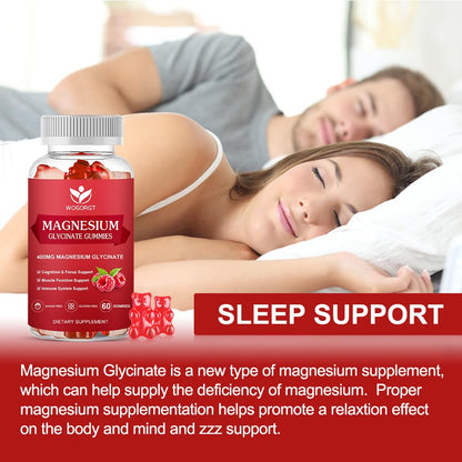400mg Magnesium Glycinate Gummies with 200mg Magnesium Malate, Vitamin D, B6, and CoQ10 | Sugar Free Raspberry - 60 Gummies