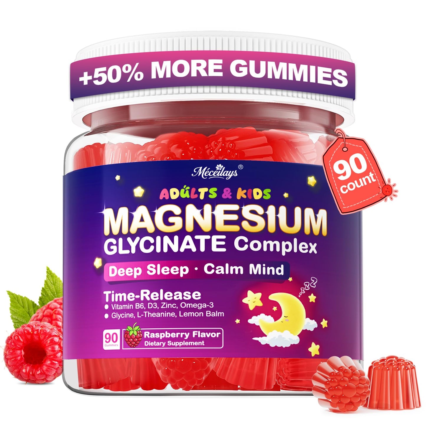 90-Count Magnesium Glycinate Gummies for Sleep & Calm – Raspberry, Sugar-Free, Vegan