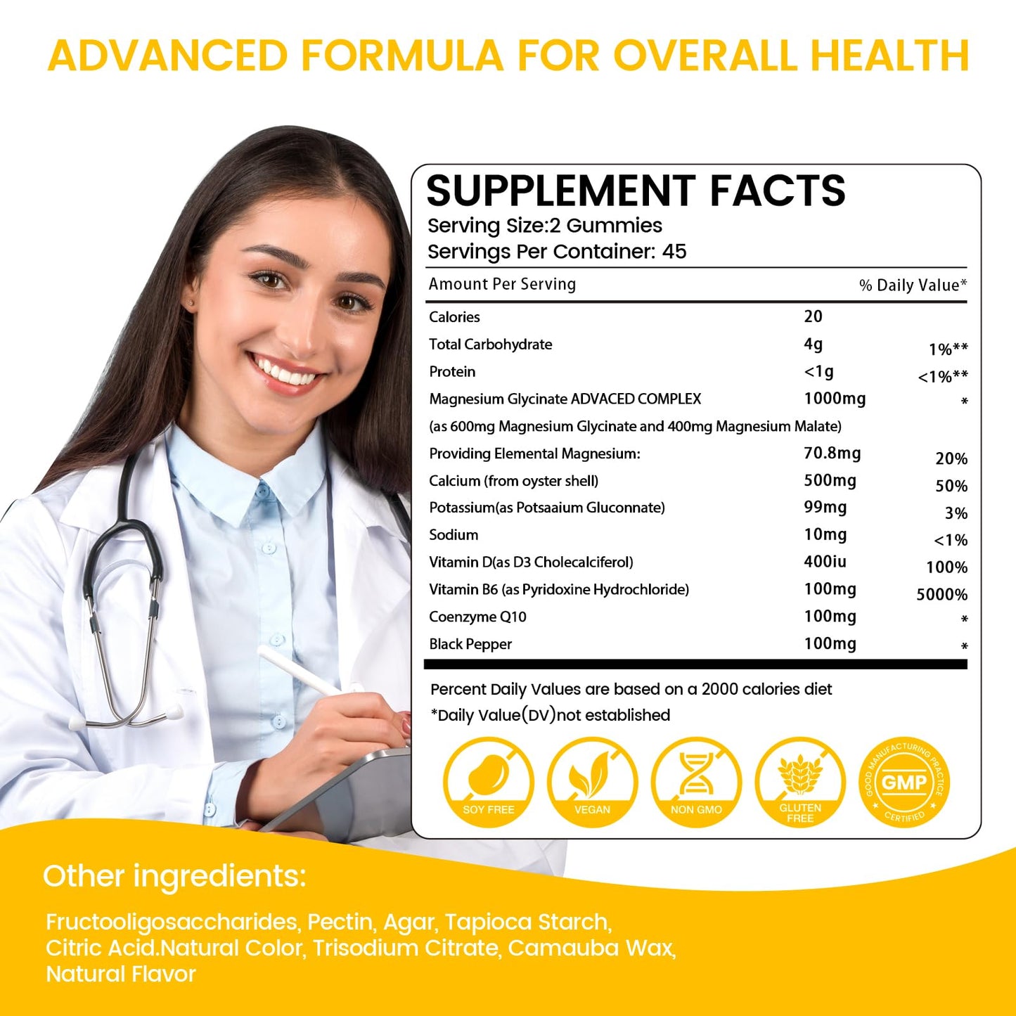 Magnesium Glycinate Gummies 1000mg – Sugar Free, Potassium Support (90 Mango Pineapple Gummies)