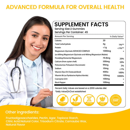 Magnesium Glycinate Gummies 1000mg – Sugar Free, Potassium Support (90 Mango Pineapple Gummies)