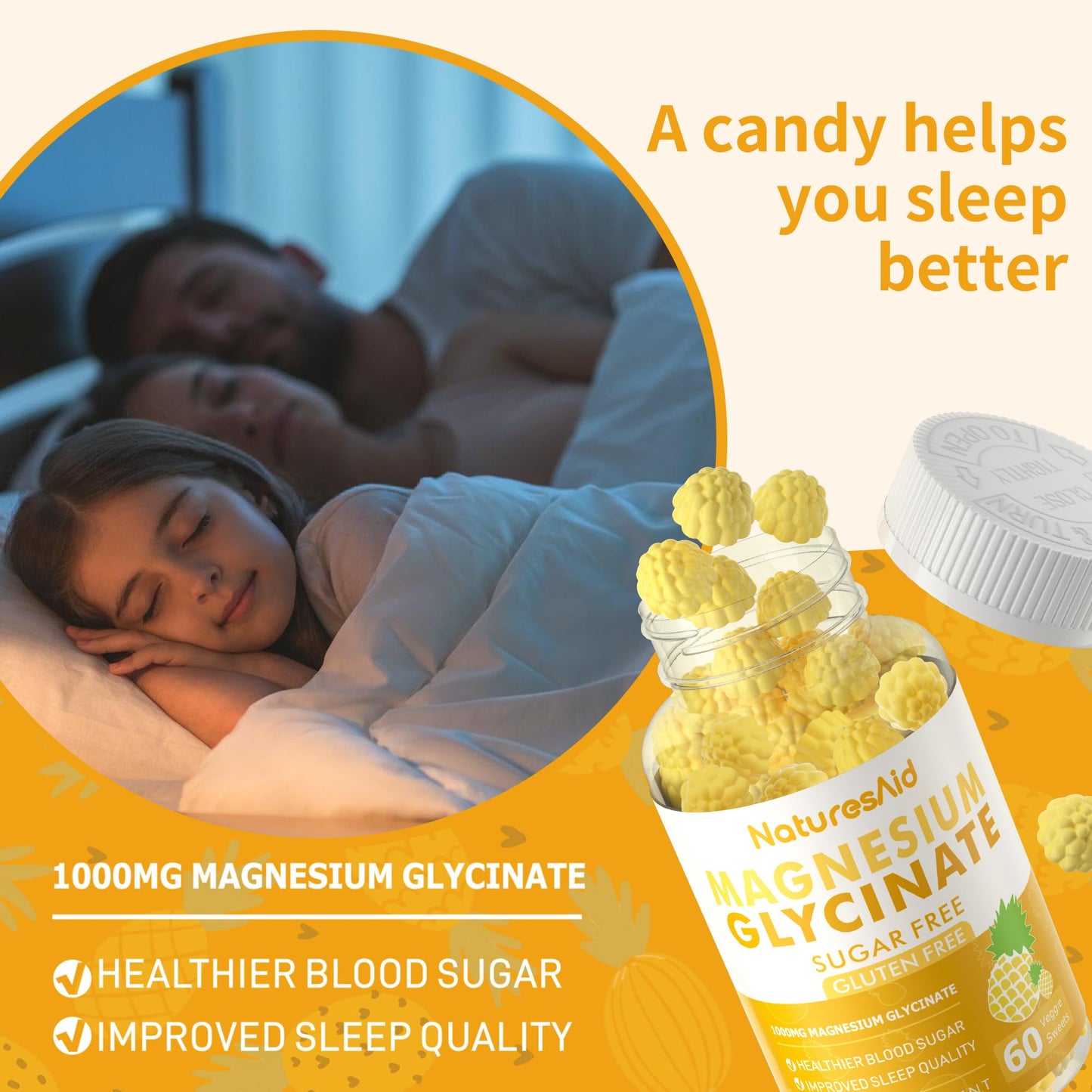 Magnesium Glycinate Gummies 1000mg – Sugar Free with Vitamin D, B6 & CoQ10 (60 Pineapple Gummies)