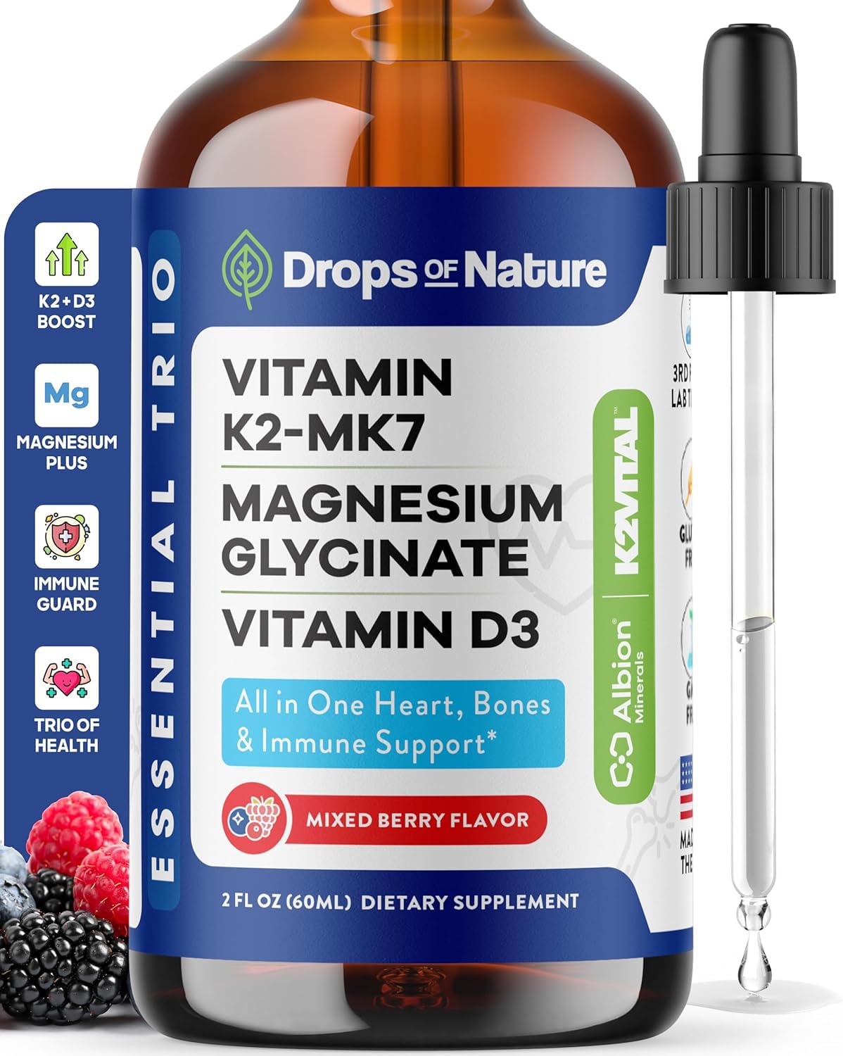 Magnesium Glycinate + K2 & D3 Liquid - GMO-Free (Mixed Berry) 60 mL
