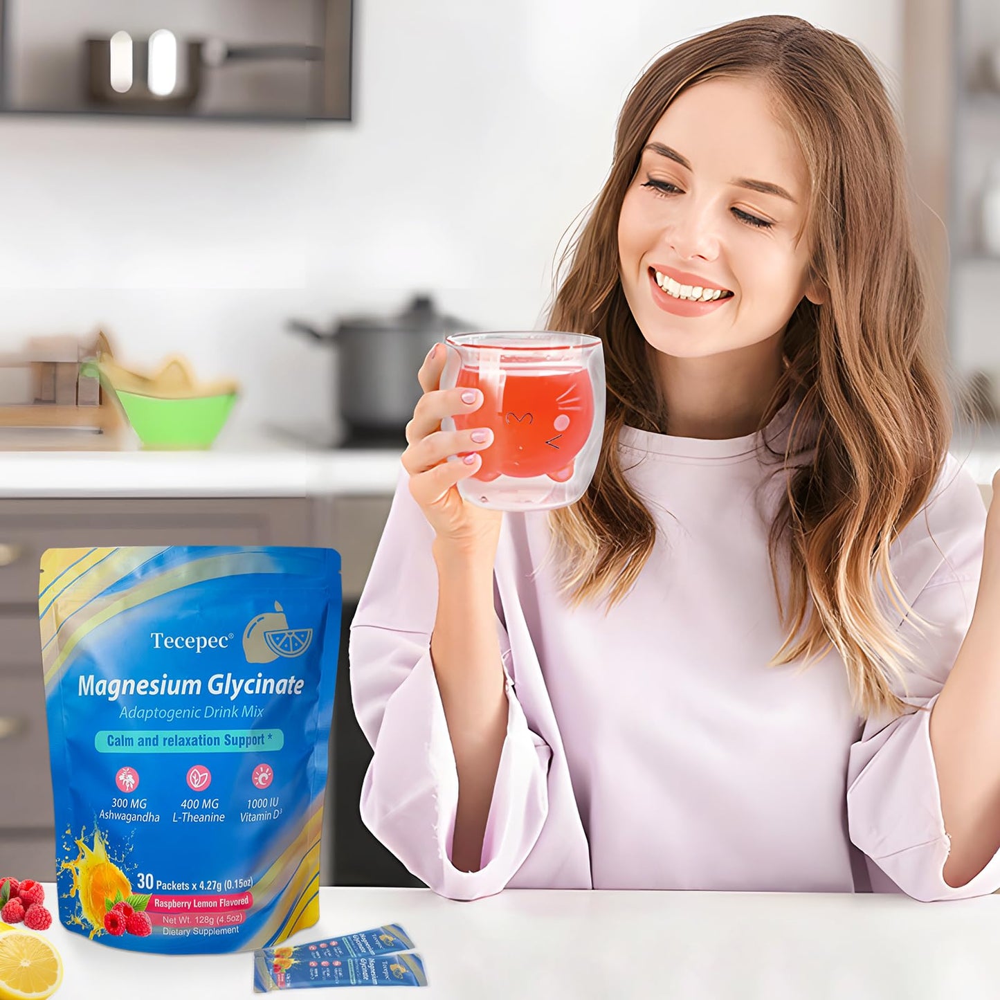 Cortisol Powdered Drink Mix with Magnesium Glycinate, L-Theanine, Ashwagandha & Vitamin D3 – Raspberry Lemonade, 30 Packets