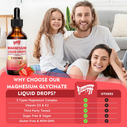 2 Pack Magnesium Glycinate Liquid Drops 1500mg – Strawberry Flavor, B6/D3, L-Theanine, Omega-3 | 4 Oz