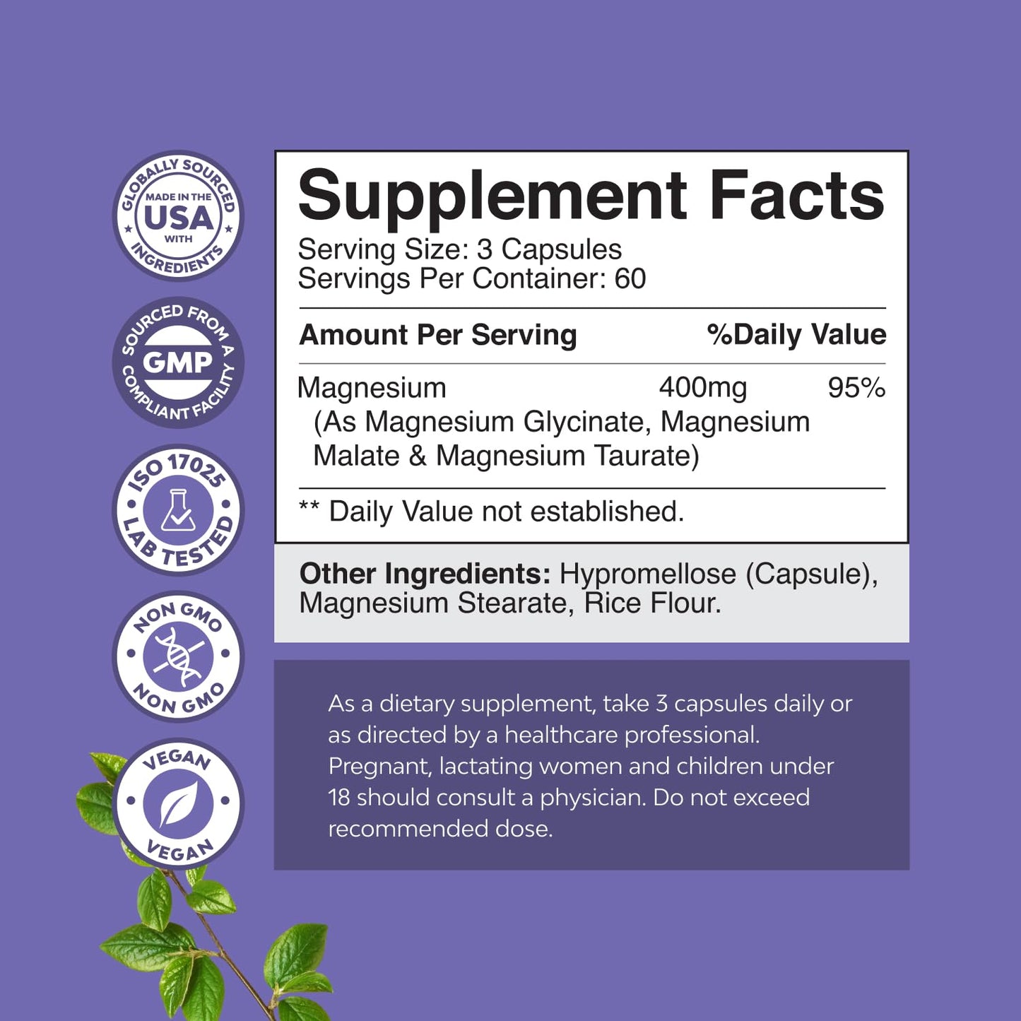 Triple Magnesium Complex | High-Absorption Magnesium Glycinate, Malate & Taurate | 400 mg, 180 Count