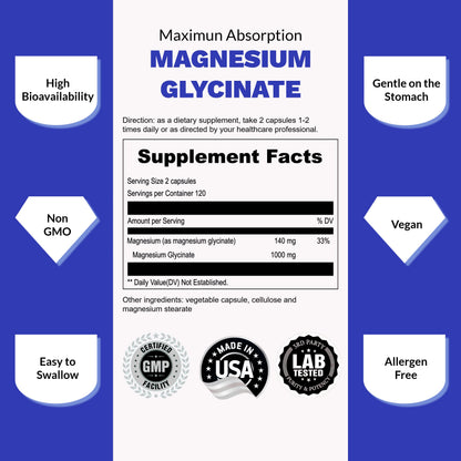 UpNourish Chelated Magnesium Glycinate 500mg – High-Absorption Magnesium for Calm, Leg Cramps & Muscle Relaxation | 960 Capsules (Two Bottles)