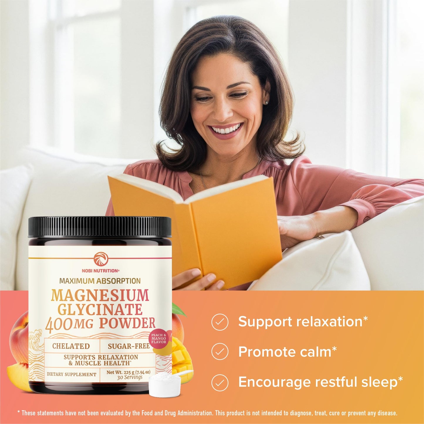 Magnesium Glycinate Powder 400MG – Sleep & Relaxation Support | Peach Mango Flavor Drink | 225g (30 Servings) | Vegan, Gluten-Free, Non-GMO