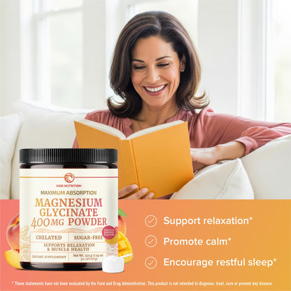 Magnesium Glycinate Powder 400MG – Sleep & Relaxation Support | Peach Mango Flavor Drink | 225g (30 Servings) | Vegan, Gluten-Free, Non-GMO