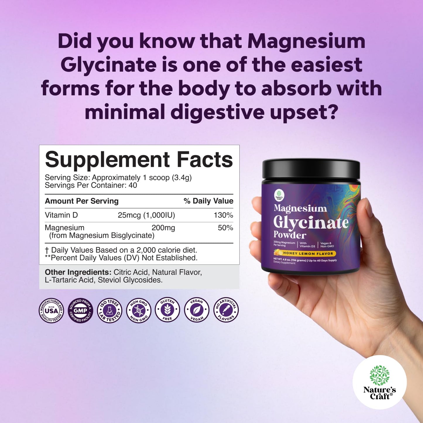High Absorption Magnesium Glycinate Powder – Vegan, Non-GMO, Gluten Free (Honey Lemon) 40 Servings