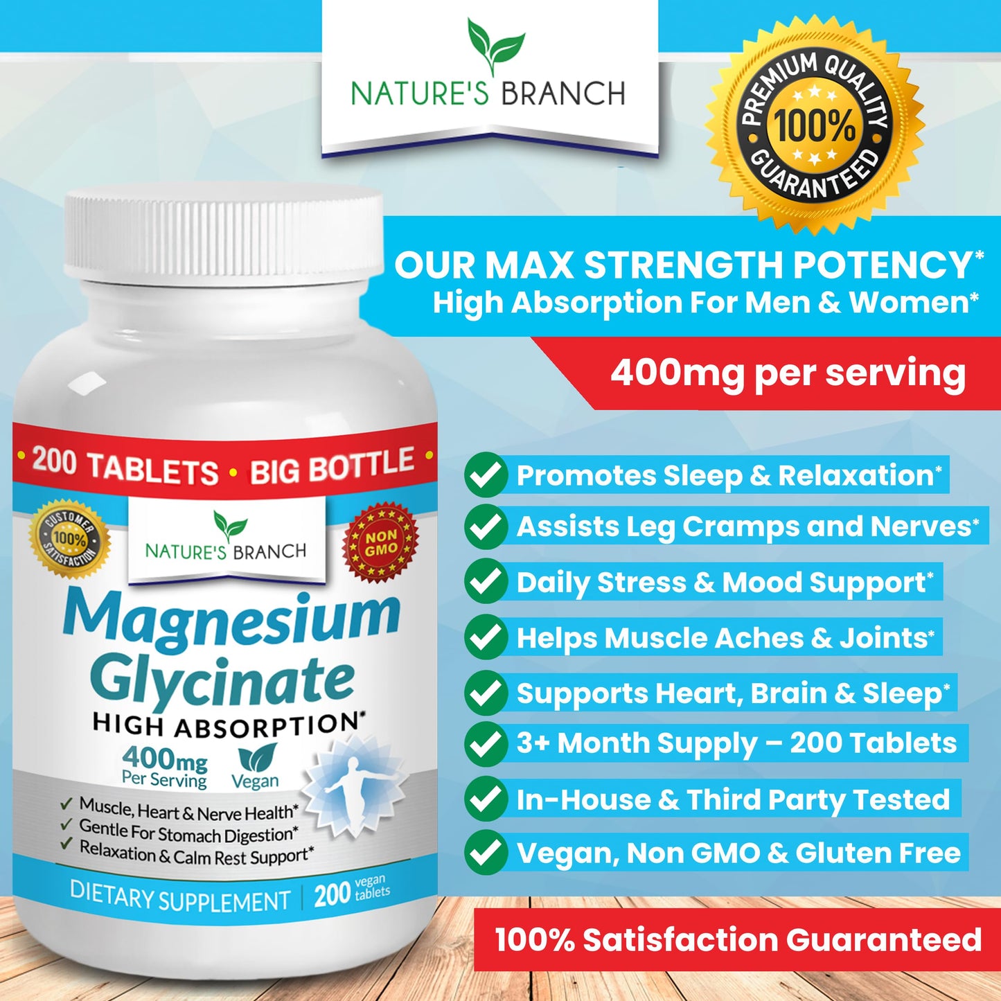 Magnesium Glycinate 400 mg | 200 Tablets - High Absorption Non-Buffered Bisglycinate for Sleep, Leg Cramps, Heart & Muscle Support