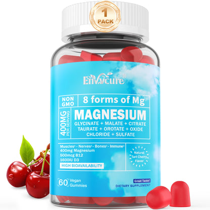Magnesium Gummies 400mg - 8-in-1 Magnesium Complex with Ashwagandha, D3 & B12 | Vegan 60 Ct