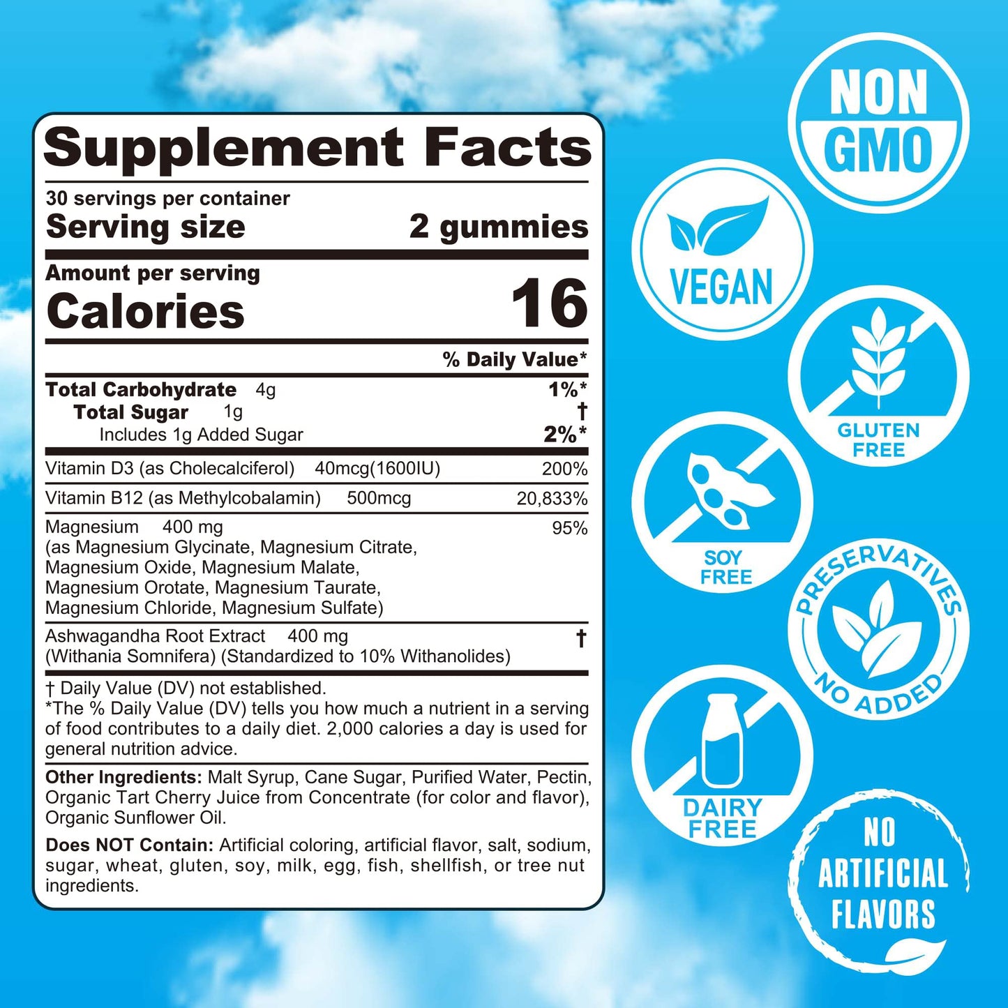 Magnesium Gummies 400mg - 8-in-1 Magnesium Complex with Ashwagandha, D3 & B12 | Vegan 60 Ct