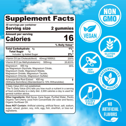 Magnesium Gummies 400mg - 8-in-1 Magnesium Complex with Ashwagandha, D3 & B12 | Vegan 60 Ct