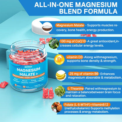 Magnesium Malate Gummies 400mg – Sugar Free 2-Pack | CoQ10, L-Theanine & B Vitamins