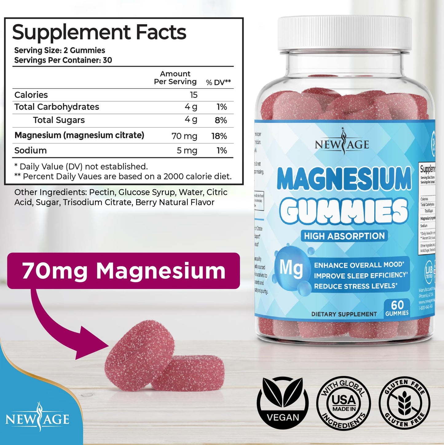 Magnesium Gummies - Calming Anti-Stress, Vegan, Gluten-Free, Non-GMO | 120 Count | New Age