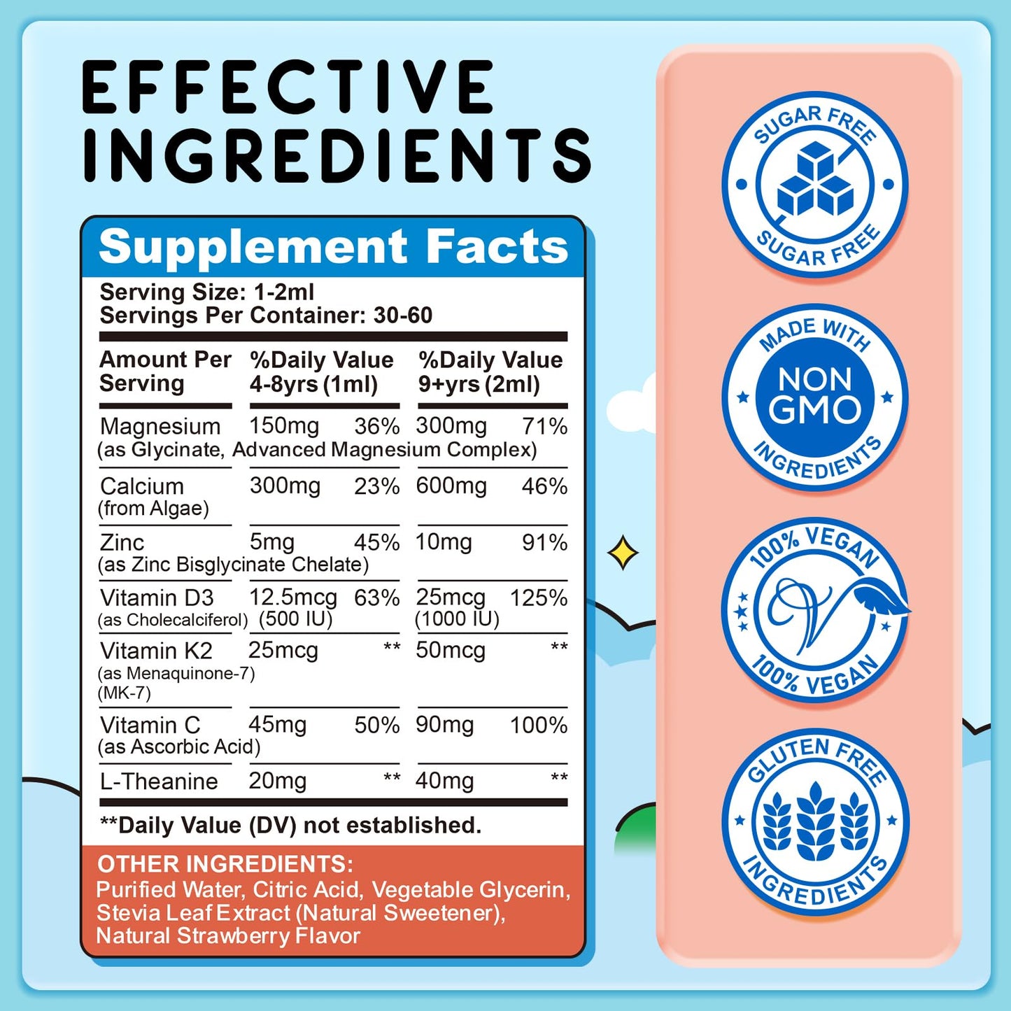 Magnesium for Kids – Strawberry Glycinate Drops with Calcium, Zinc, D3/K2 (2 Pack)
