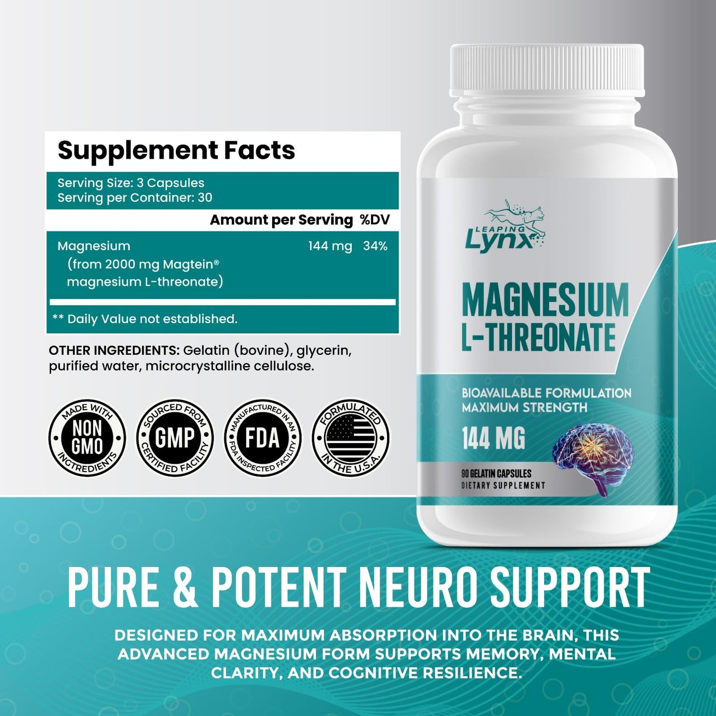 Pure Organic Magnesium L-Threonate 144 MG – Bioavailable, High-Absorption | 90 Capsules | 30-Day Supply | Brain Health & Sleep