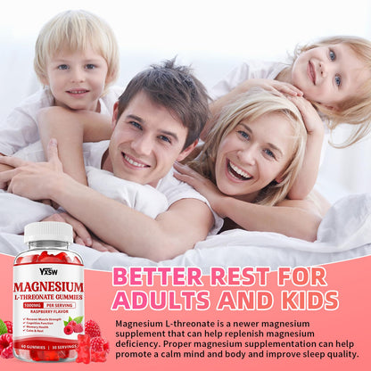 Magnesium L-Threonate Gummies 1000mg – Sugar-Free Raspberry Flavor for Kids & Adults | Muscle & Nervous System Support