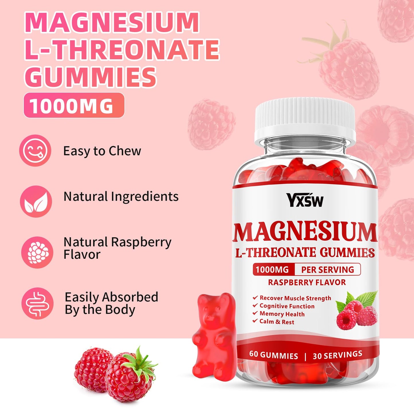 Magnesium L-Threonate Gummies 1000mg – Sugar-Free Raspberry Flavor for Kids & Adults | Muscle & Nervous System Support