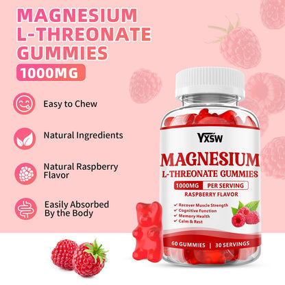 Magnesium L-Threonate Gummies 1000mg – Sugar-Free Raspberry Flavor for Kids & Adults | Muscle & Nervous System Support