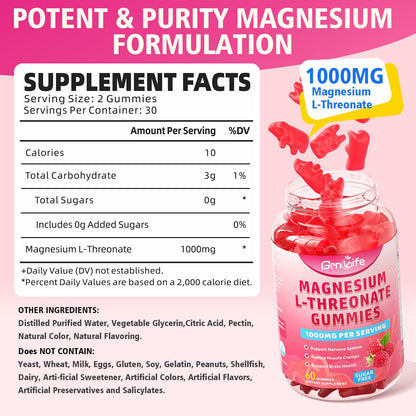 2 Pack Magnesium L-Threonate Gummies 1000MG – Sugar-Free Raspberry (120 Count)