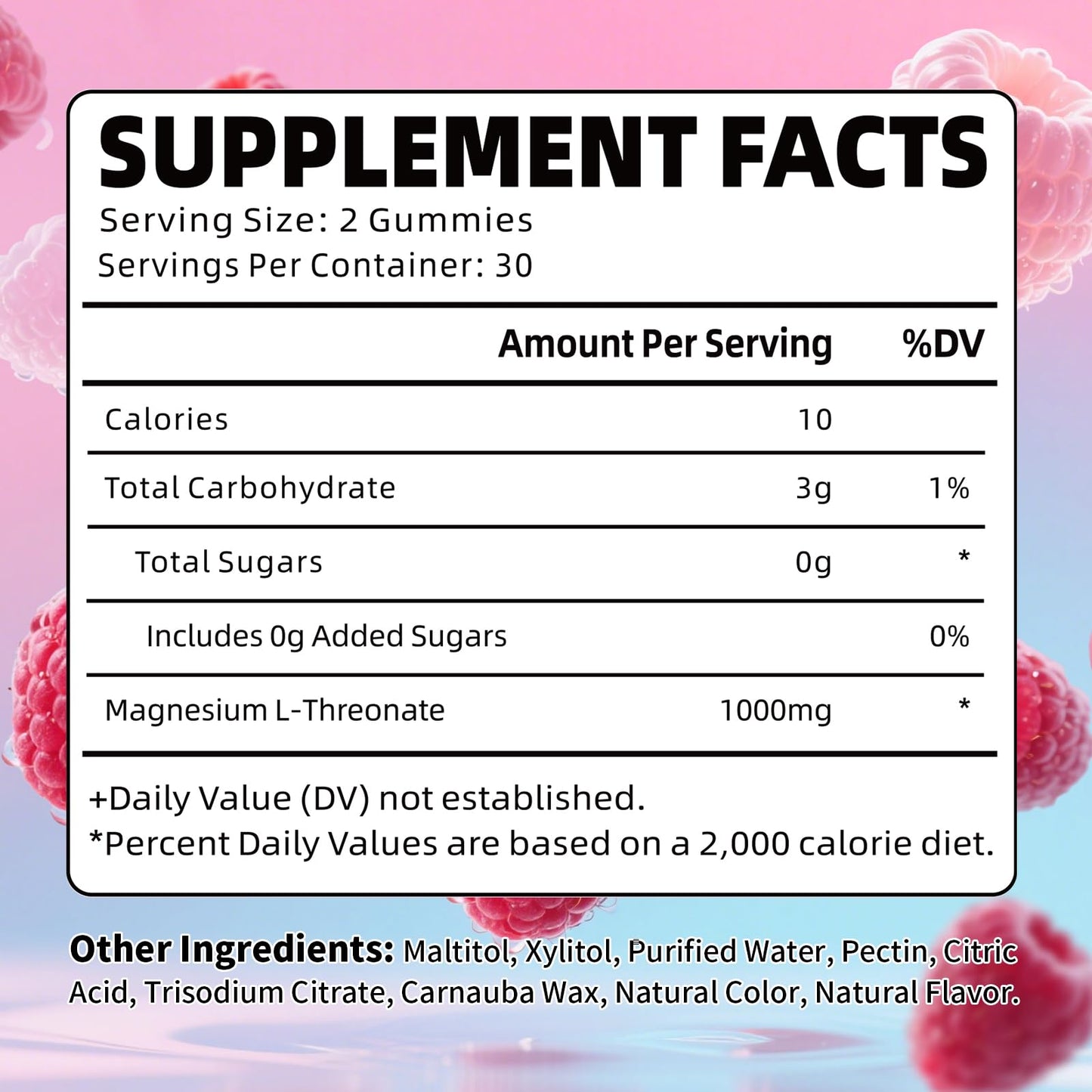 Pack of 2 Magnesium L-Threonate Gummies - Sugar-Free 1000MG Raspberry, 60 Count